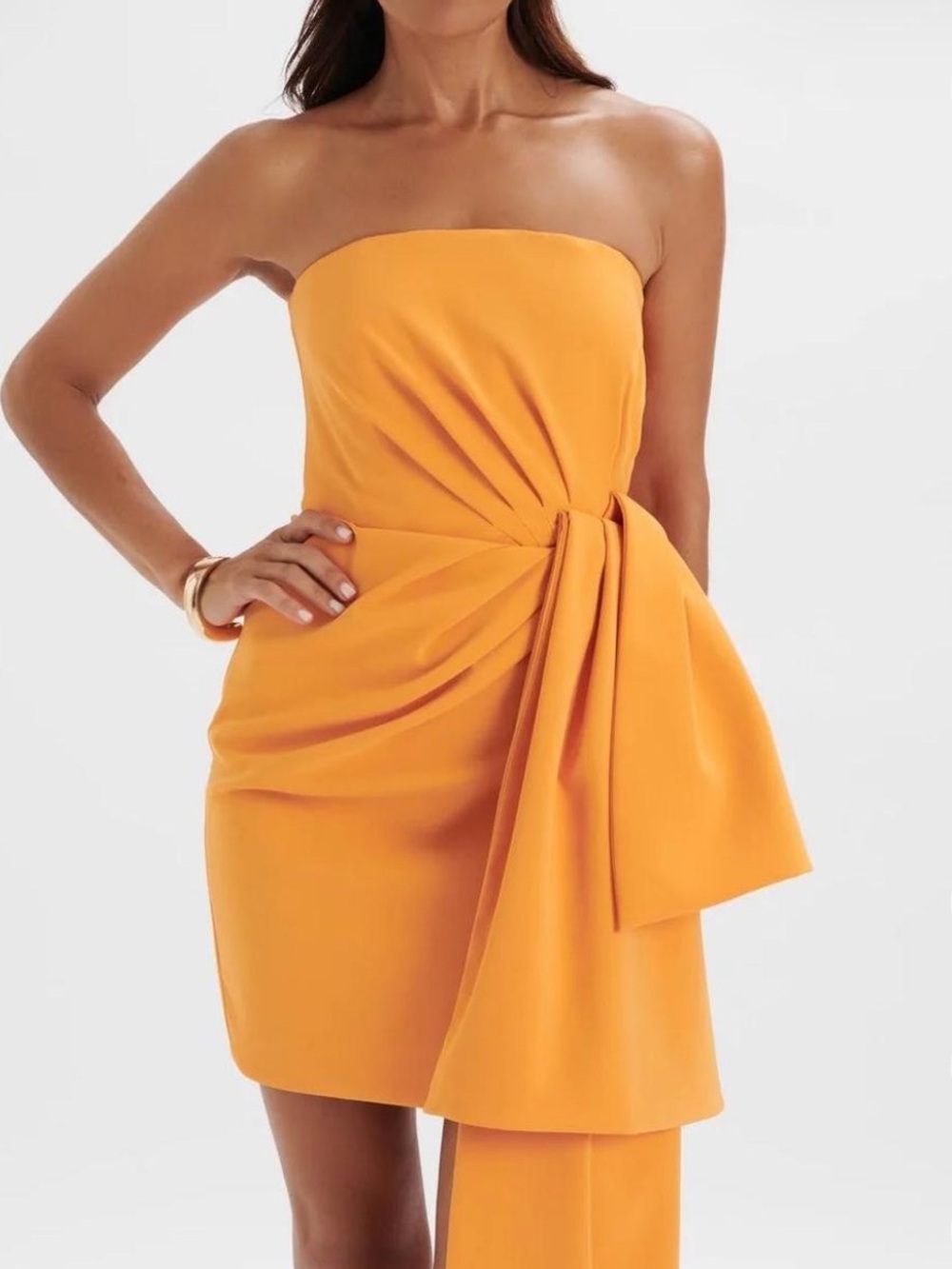 Lavish Alice SHAKIRA Bandeau Half Bow Drape Midi Dress in Apricot 10 - Picture 2 of 6